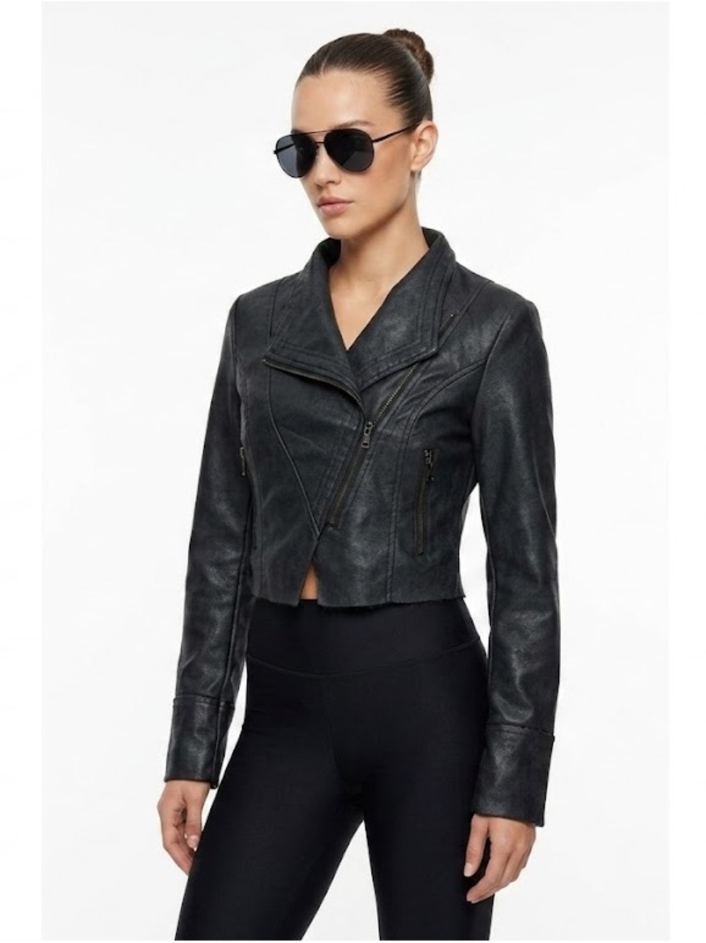 Cropped Black Moto Jacket - Women's Faux Leather